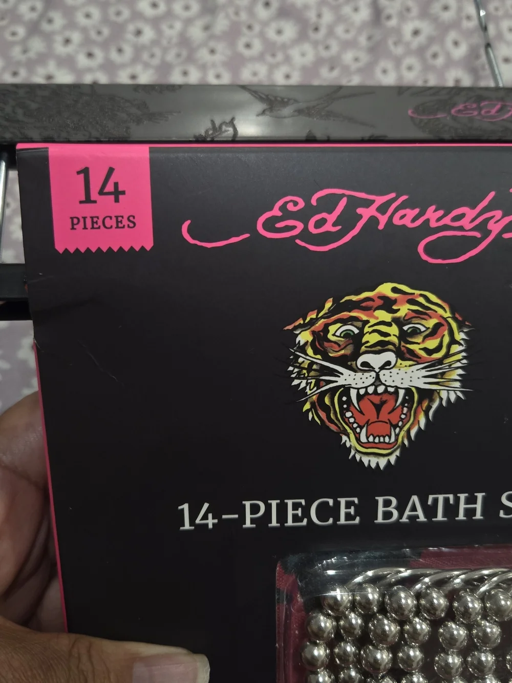 Ed Hardy 14 Pc Bath Set Pink Skull Rose Shower Curtain Hooks Liner
